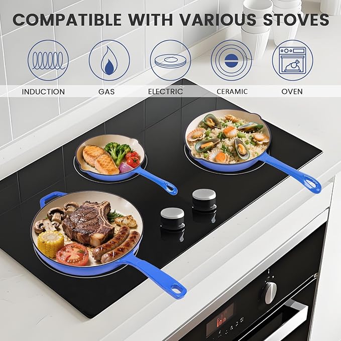 Hisencn Enameled Cast Iron Skillet - Ceramic Coated 8''/9.5''/11'' Fry Pan Set Gas/Induction/Electric/Oven Compatible 3 Size Frying Pans PTFE &amp PFOA Free Cast Iron Ceramic Cookware Cobalt Blu