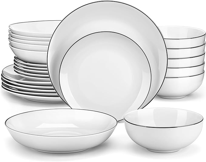 MALACASA 24-Piece Gourmet Porcelain Dinnerware Sets Modern White with Black Rim Round Dish Set for 6 - Premium Serving Plates and Bowls Sets for Dessert Salad Soup Pasta - Series AMELIA