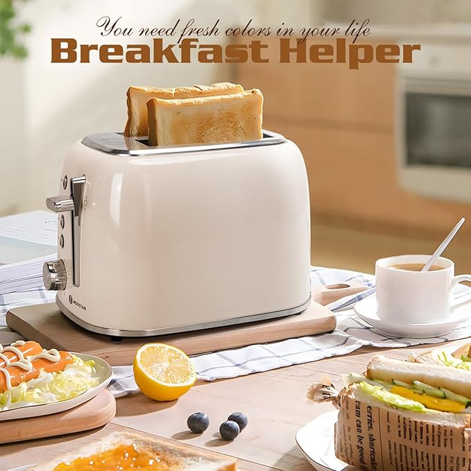 Aigostar Toaster 2 Slice Retro Stainless Steel 1.6 inch Extra Wide Slots Bread Toaster Bagel Cancel Defrost Function 6 Shade Settings &amp Removable Crumb Tray Waffle Tortilla