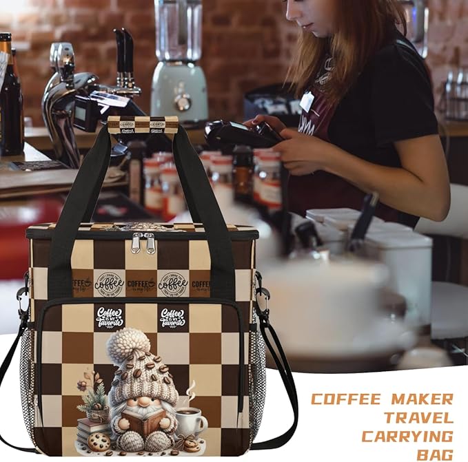 Coffee Brown Gnome Coffee Maker Carring Bag Travel Carrying Storage Tote Bag Compatible with Keurig K-Mini or K-Mini Plus Portable Single Serve Coffees Brewer Case with Pockets for K-cup Pods