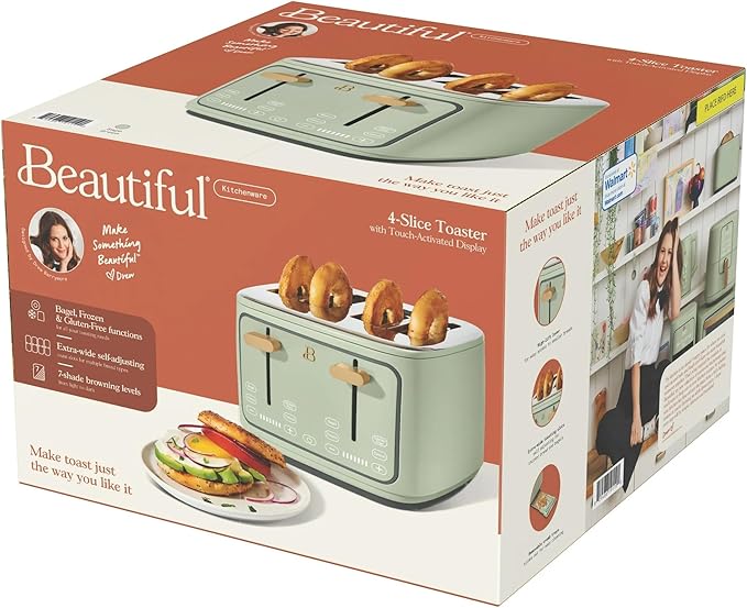 4 Slice Toaster with Touch Control Panel 1800W Fast Heating 7 Toast Shade Levels Extra Wide Slots for Bagels Removable Crumb Tray (Sage Green)