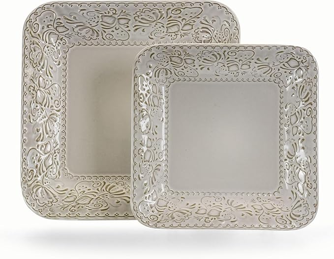 16 Piece Square Stoneware Dinnerware Set – Ivory Plates and Bowls with Baroque Design Microwave &amp Dishwasher Safe Dinnerware for 4 Elegant Tableware Set