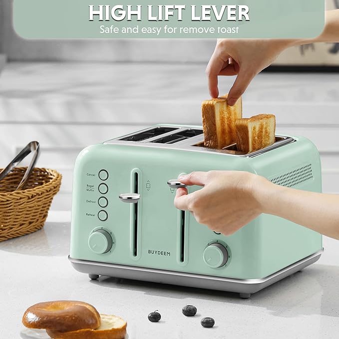 BUYDEEM DT640 Retro 4 Slice Toaster 7 Shade Settings Extra Wide 1.5'' Slots Stainless Steel Toaster with Bagel Muffin Defrost Reheat Function Green