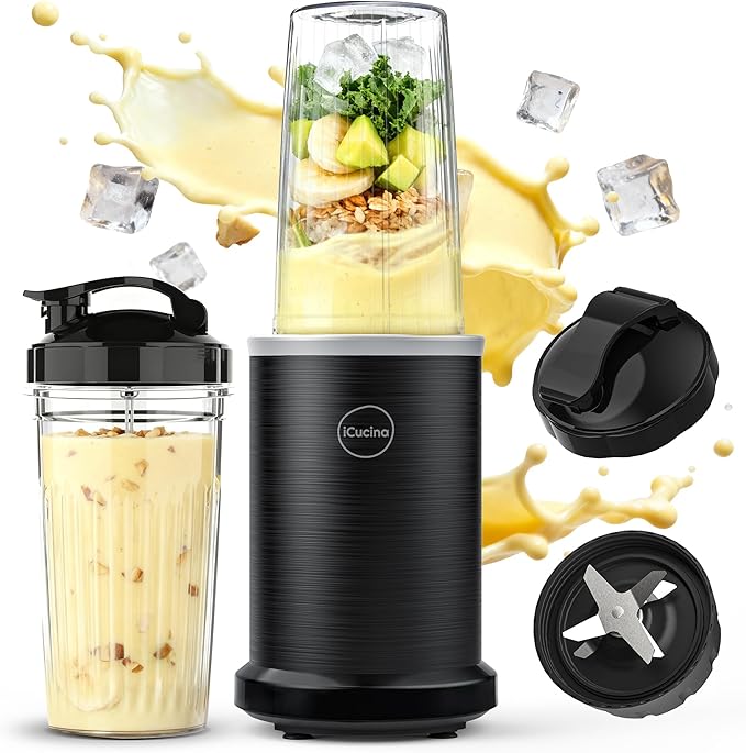 iCucina Smoothie Blender 1000W Personal Blender for Shakes and Smoothies with 2 x 37oz Protable Cups and Lids Single Serve Blenders for Ice Crushing Bean Grinding Frozen Fruit Drinks Black