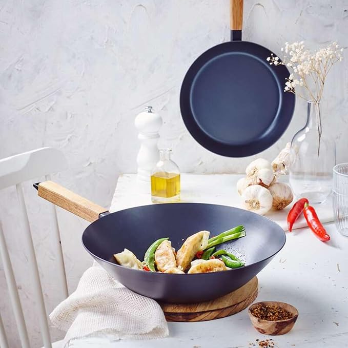 Alva Forest 4-Piece Carbon Steel Frying Pan &amp Wok Set Naturally Nonstick Pre-Seasoned Acacia Wood Handle Toxic Free (No PTFE/PFOA) Induction &amp All-Stovetop Safe (8 9.5 11 Frying Pan