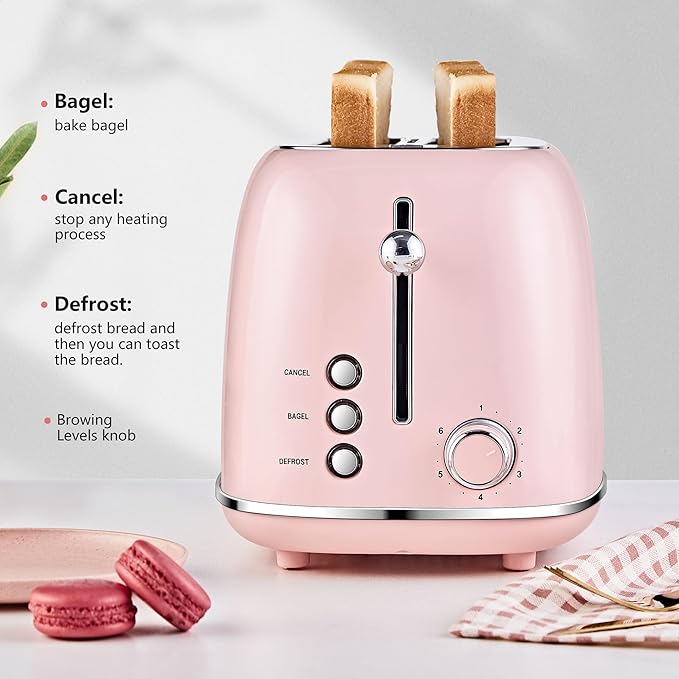 Roter Mond 2 Slice Toaster Retro Stainless Steel with Bagel Cancel and Defrost Functions 6 Bread Shade Settings Extra Wide Slots and Removable Crumb Tray Pink