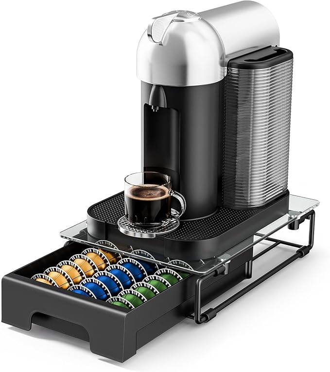 EVERIE Crystal Tempered Glass Organizer Drawer Holder Compatible with Nespresso Vertuo Capsules Compatible with 21 Big or 30 Small Vertuoline Pods NP01S