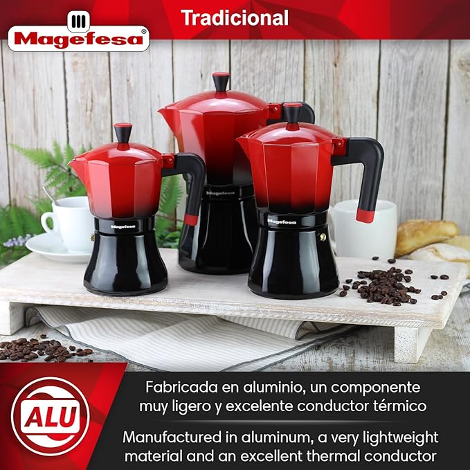 MAGEFESA Traditional Italian Coffee Maker Black and Red 9 Cups 450 ml Stainless Steel and Aluminium All Hob Types Induction Cold Handle