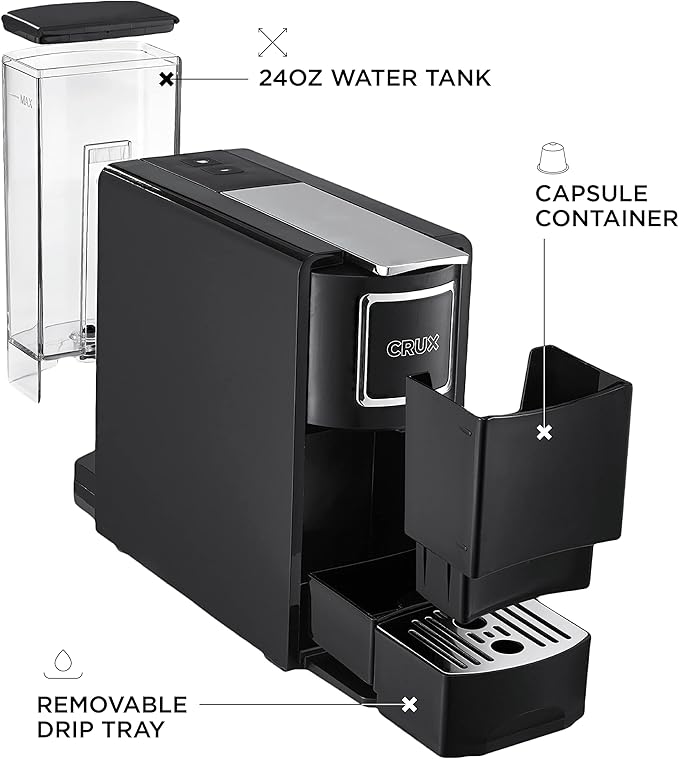 Crux Espresso Machine for Nespresso Pods - Programmable Coffee Brewer Capsule Compatible with Large Removable Water Tank and Drip Tray Black and Silver