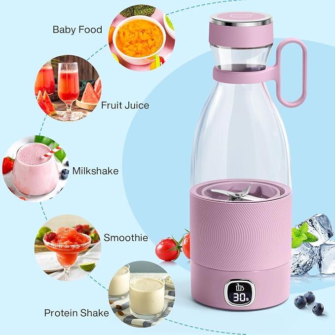MIAOKE Portable Blender 6 Blades Juicer Cup for Juice Shakes and Smoothies 350ml Mini Blender with Led Display Usb Rechargeable3000Mah Rechargeable Battery for Home Outdoors Travel-Lceberry Pink