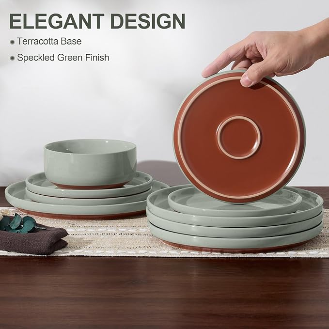 E-far 12-Piece Stoneware Dinnerware Sets Plates and Bowls Sets for 4 Ceramic Dishware Dishes Set with Terracotta Base Chip &amp Scratch Resistant Microwave &amp Dishwasher Safe Speckled Green
