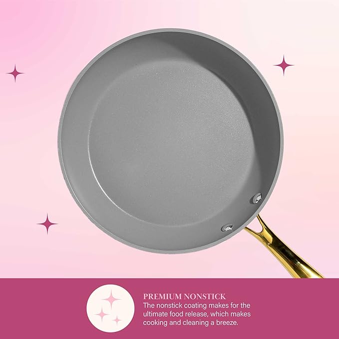 Paris Hilton Iconic Nonstick Pots and Pans Set Multi-layer Nonstick Coating Matching Lids With Gold Handles Made without PFOA Dishwasher Safe Cookware Set 10-Piece Light Gray