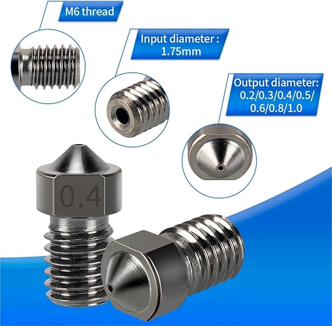 Hardened Steel V6 Nozzle High Temperature Wear-Resistance 3D Print PEI PEEK Carbon Fiber 1.75mm Filament for E3D Hotend(1PC 0.8mm)