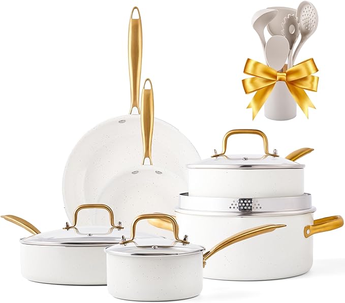 Pots and Pans Set - VONIKI Nonstick Granite Cookware Set Gold Kitchen Cookware Sets Non Toxic Cooking Pot Set PFOA Free Oven &amp Dishwasher Safe - Ideal Gift for Home Chefs