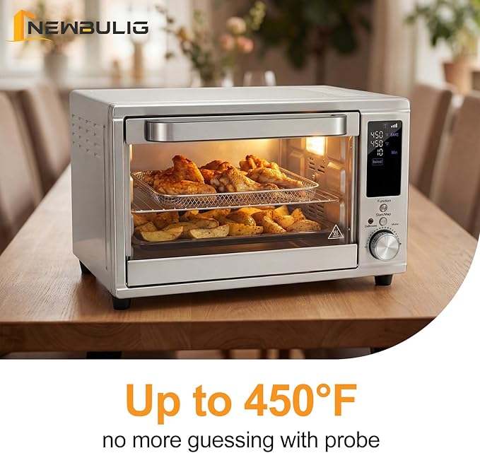 NEWBULIG 30QT Air Fryer Toaster Oven 13-in-1 Multi-Function Smart Airfryer Large Countertop Air Fryer Oven 0-450°F Heating Control 120 Min Timer Chrome Fry Basket Interior Light