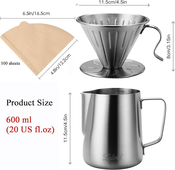 Pour Over Coffee Maker 304 Stainless Steel wIth 100 pcs Paper Filters &amp 600ml Milk Frothing Pitcher for Home &amp Camping