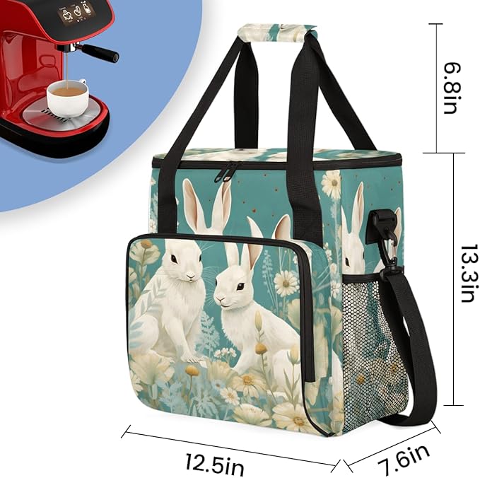 Easter Rabbit Coffee Maker Carrying Bag Chrysanthemum Travel Storage Bag Compatible with K-Mini or K-Mini Plus Single Serve Coffee Brewer Carrying Case with Multiple Pockets &amp Shoulder Strap