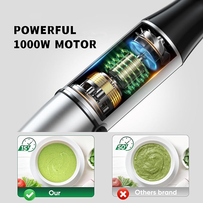 1000W Handheld Immersion Blender Set - 5 in 1 Stick Blender with Chopper Whisk Beaker Frother - Anti-Scratch Non-BPA Hand Blender Kit for Versatile Cooking