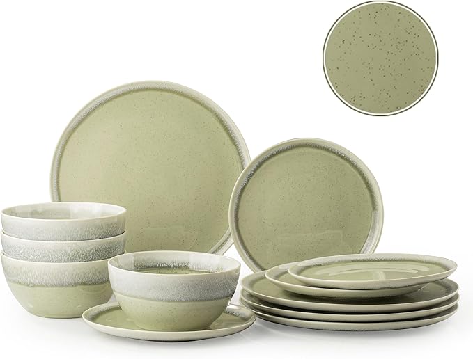 Plates and Bowls Sets 12 Pieces Grass Green Dinnerware Sets for Kitchen Reactive Glaze Dishes Set for 4 Dishwasher and Microwave Safe Series Starflecked Shore (Grass Green)