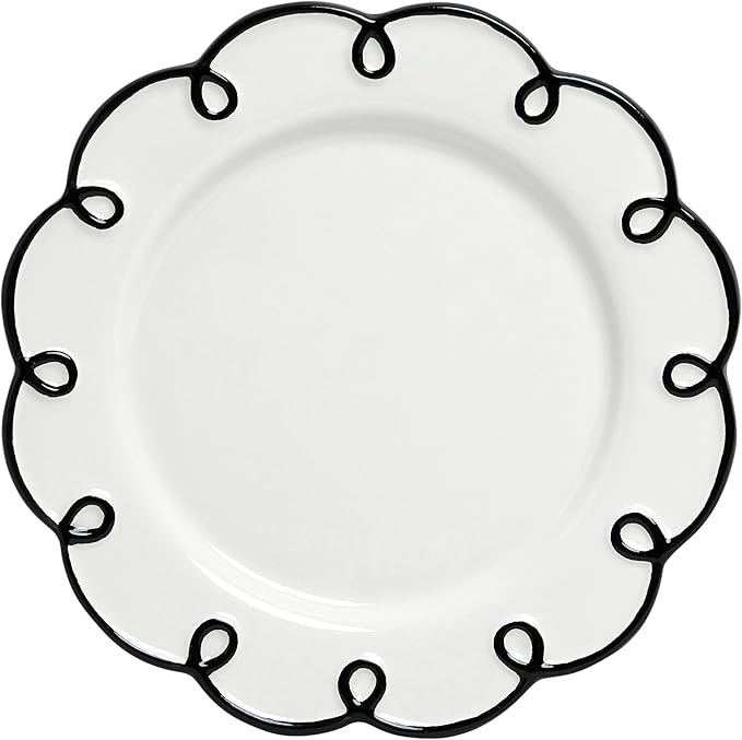 Sango 12-Piece Earthenware Dinnerware Set for 4 Glossy White Plates and Bowls Sets with Black Scalloped Rims Premium Dish Set Dishes for Hosting Parties Birthday &amp Wedding Gifts Splash of Che