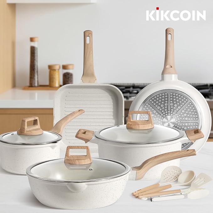 Kikcoin 16Pcs Pots and Pans Set Nonstick Ceramic Cookware Sets Induction Kitchen Cooking Set Non toxic Healthy Non Stick w/Grill PanSaute Pan Ceramic White