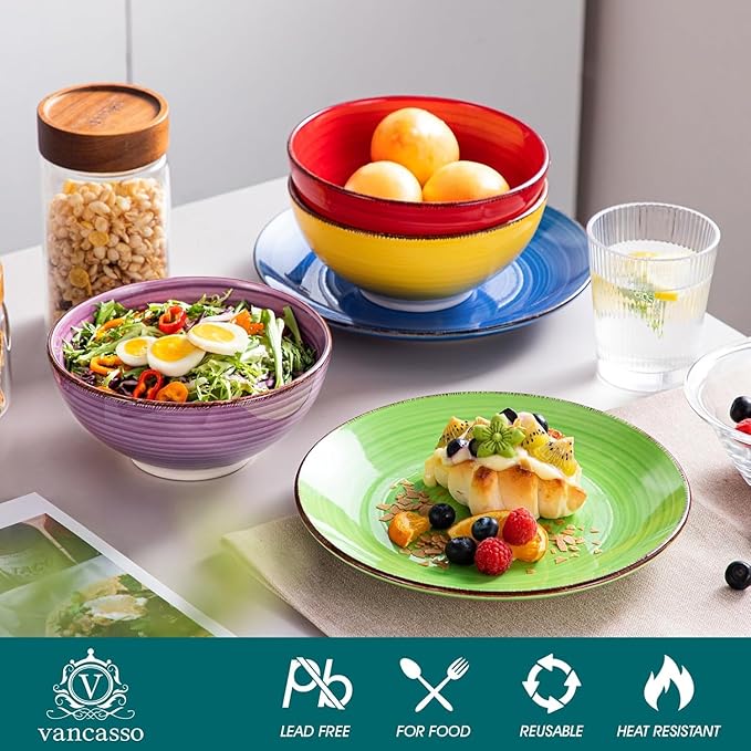 vancasso Bonita Dinnerware Sets 24 Pieces Multicolor Stoneware Dinner Set for 6 Handpainted Spirals Pattern Ceramic Plates and Bowls Sets Kitchen Plate Set