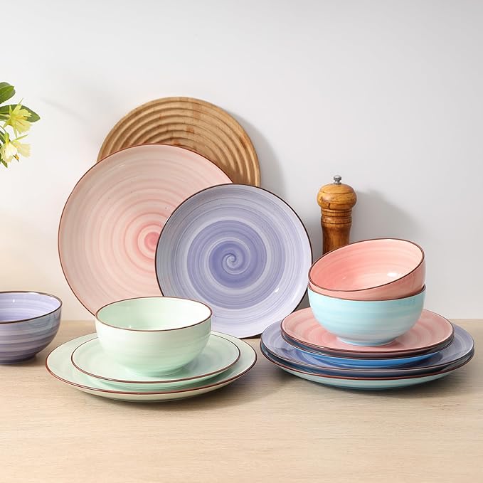 Selamica Ceramic 16-Pieces Dinnerware Set Ceramic Dishes Set for 4 Kitchen Plates and Bowls Sets Dinner Plates Set Spray Black Dots Gradient Color