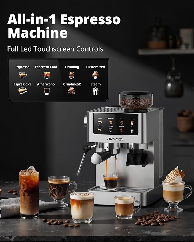 AIRMSEN Espresso Machines with Burr Grinder 20 Bar Milk Frother Steam Wand Stainless Steel Coffee Maker for Home - Cappuccino Latte &amp Cold Brew Iced Coffee Maker &amp Americano