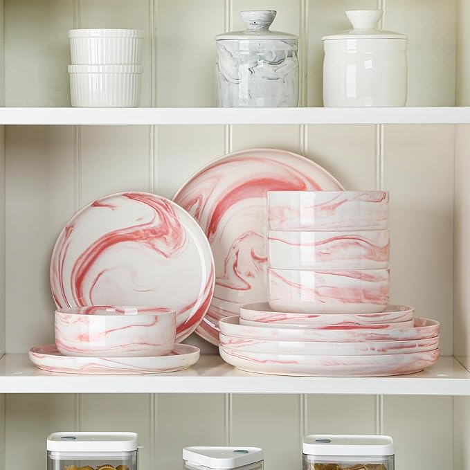 MALACASA Plates and Bowls Sets 12 Pieces Porcelain Dinnerware Sets Dishware Sets Chip Resistant Ceramic Dish Set Dining Dinner Ware Service for 4 Marble Pink Series LUNA