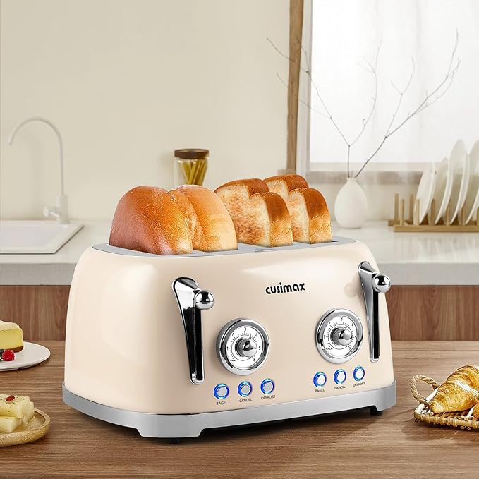 CUSIMAX Toaster 4 Slice Retro Toaster with Wide Slots for Bagels Stainless Steel with 6 Toast Settings Bagel Cancel Defrost &amp Reheat Functions Dual Independent Control Panels Cream