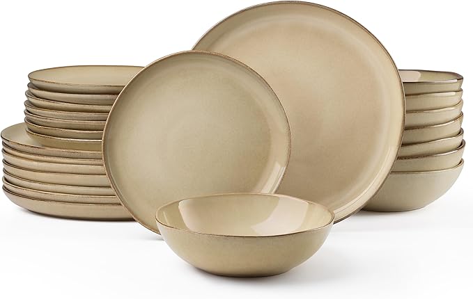 HaWare Dinnerware Sets 24-Piece Stoneware Plates and Bowls Set Dish Set for 8 Ceramic Dishware for Home Restaurant Chip and Scratch Resistant Microwave and Dishwasher Safe Reactive Sandy Khaki
