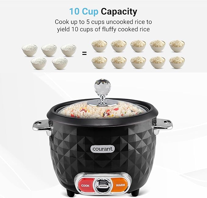 Courant 10-Cup (Cooked) / 5-Cup Uncooked Rice Cooker and Steamer with One-Touch Operation Automatic Keep Warm Function and Chrome Accents Black