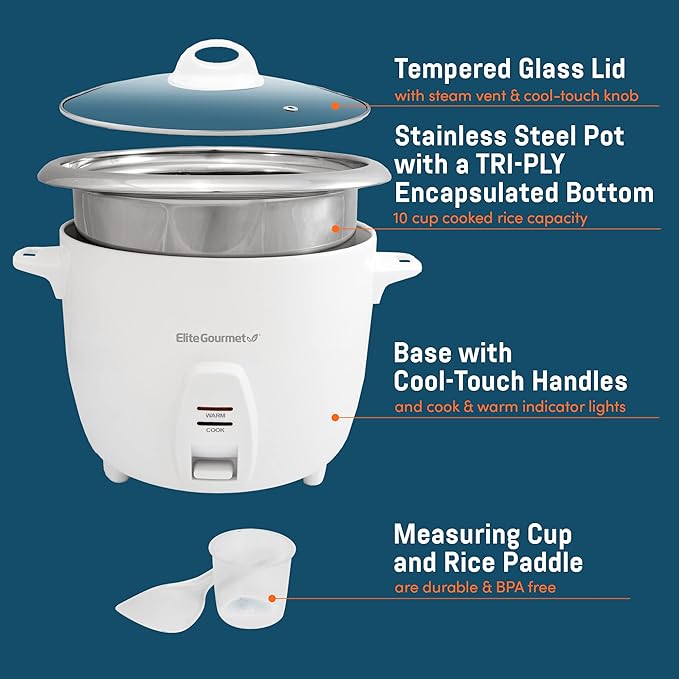 Elite Gourmet ERC-2010 Electric Rice Cooker with Stainless Steel Inner Pot Makes Soups Stews Grains Cereals Keep Warm Feature 10 Cups Cooked White