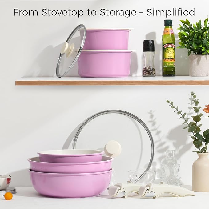 15Pcs Pots and Pans Set Non Stick Cookware Sets with Detachable Handle Nonstick RV Kitchen Cooking Tools Removable Handles Oven Safe Induction Fast Stackable Induction Cookware Pink