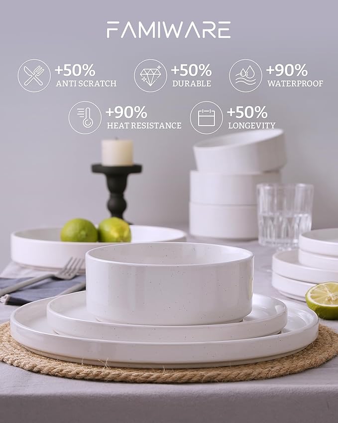 Famiware Nebula Plates and Bowls Set 12 Pieces Dinnerware Sets Dishes Set for 4 White with Colorful Speckles