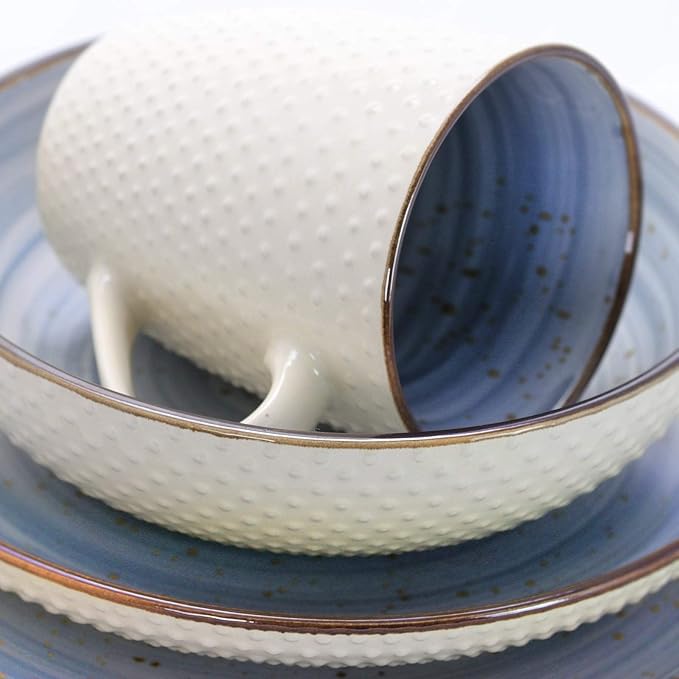 Unknown1 Embossed Dot Two Tone 16-Piece Dinnerware Set in Powder Blue Textured Casual Round Stoneware 16 Piece Microwave Safe Medium