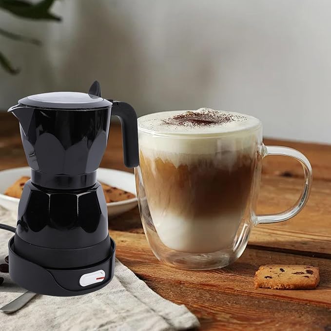 Electric Mocha Pot 3 Cup Aluminum Machine Portable Electric Italian Cuban Coffee Maker with Detachable Base Mocha Maker for Home Travel Office (Black)