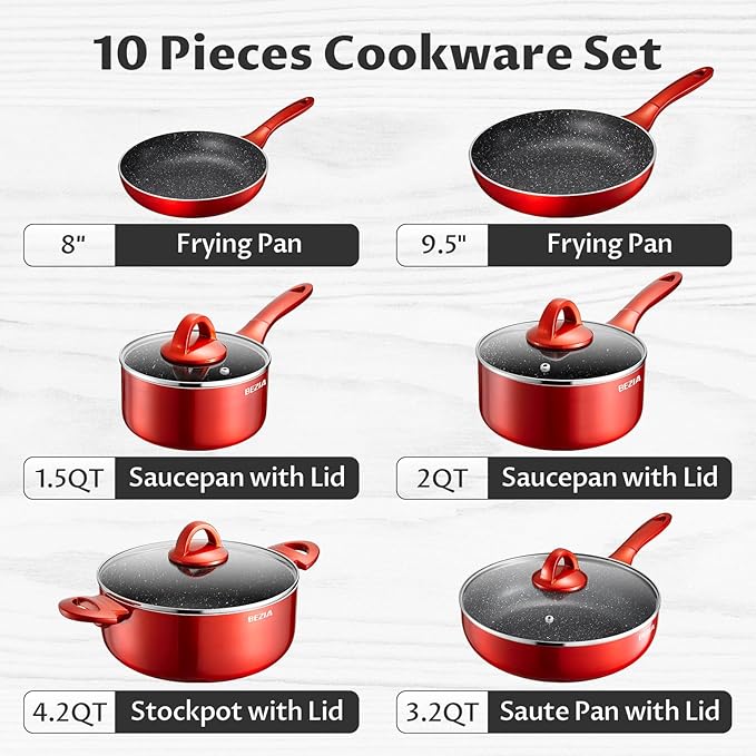 Induction Cookware Pots and Pans Set 10 Piece BEZIA Dishwasher Safe Nonstick Cooking Pans Stay-Cool Bakelite Handle Scratch Resistant Kitchen Sets with Frying Pans Saucepans &amp Stockpot (Red)
