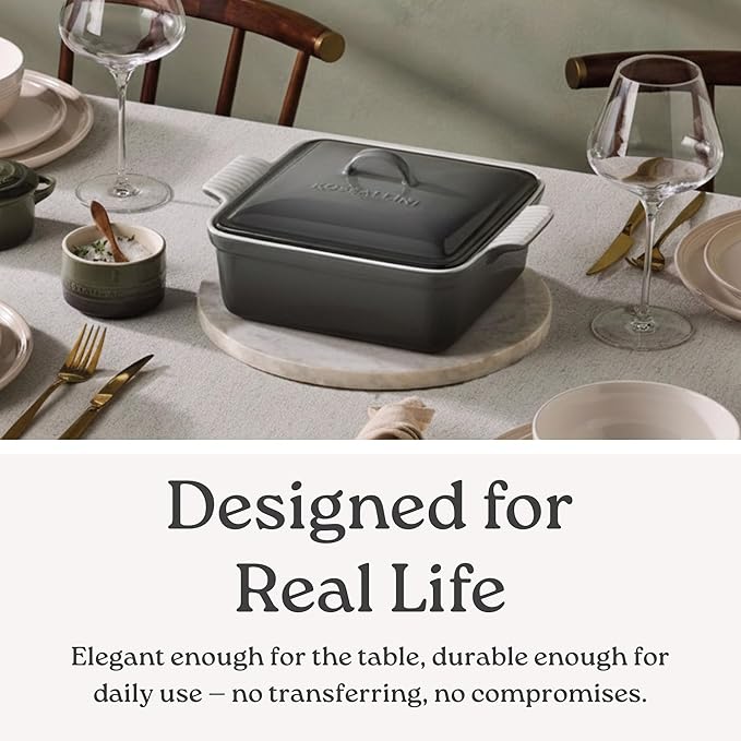 Stoneware Casserole Dish Bakeware with Lid | Covered Square Dinnerware | Medium 2 Quart [Ocean Blue]