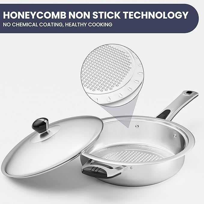 Stainless Steel Cookware Set 12-Piece Nonstick Stainless Steel Pan Set D5-Ply Base for Even Heating Dishwasher Safe Vented Glass Lids Heavy-Duty Especially for Home &amp Beginner Cooking