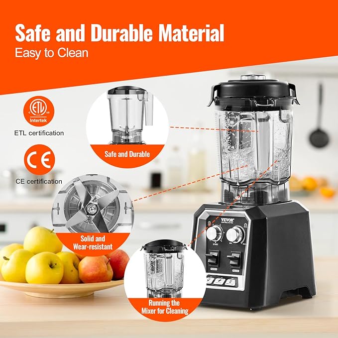 VEVOR Professional Blender Commercial Countertop Blenders 68 oz Jar Blender Combo Stainless Steel 3 Functions for Frozen Drinks Shakes Smoothies Peree and Crush Ice Black