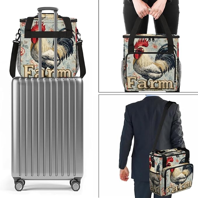 Roosters And Chickens Coffee Maker Travel Bag Flower Insulated Grocery Bag Travel Picnic Leakproof Cooler Bags With Shoulder Strap