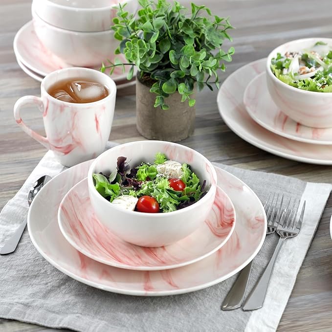 16 Piece Porcelain Marble Dinnerware Set in Red and Orange – Service for 4 Dishwasher &amp Microwave Safe (Red)