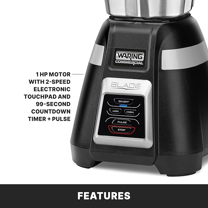 Waring Commercial BB340 Blade 1 HP Blender 2-Speed Key Pad with Pulse and 99 Second Countdown Timer  48 oz Stainless Steel Container 120V 5-15 Phase Plug