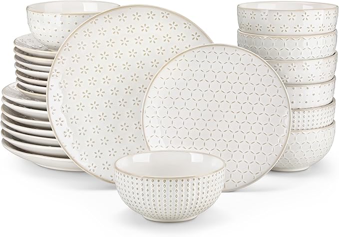 MALACASA 24 Piece Dinnerware Set Embossed Ceramic Dish Sets Service for 8 Plates and Bowls Set Durable Stoneware Tableware for Family Dinners Dishwasher &amp Microwave Safe