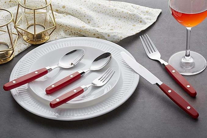 ANNOVA Silverware Set Retro/Rivet Colorful Stainless Steel Tableware Kitchen Flatware Set Utensils Includes Dinner Knives Forks Spoons Salad Forks &amp Dessert Spoons (Red 20 Pieces)