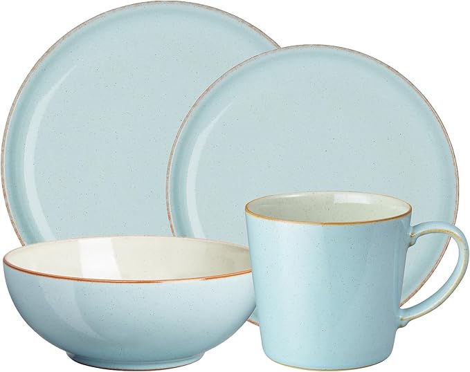 Denby - Heritage Pavillion Coupe 4 Piece Dinner Set For 1 - Blue Ceramic Stoneware Tableware - Dishwasher &amp Microwave Safe - Scratch Chip Resistant - 1 x Dinnerware Plates Side Plates &amp Cerea