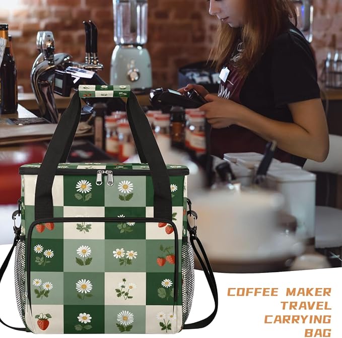 cfpolar Daisy Strawberry Coffee Maker Carrying Bag Coffee Machine Travel Storage Bag Compatible with K-Mini or K-Mini Plus Portable Single Serve Coffees Brewer Case with Pockets for K-Cup Pods