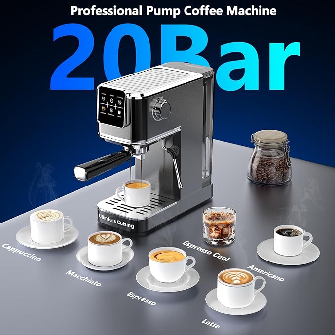 Espresso Machine 20 BarTouch Screen Espresso Maker with Steam Milk FrotherStainless Steel Expresso Coffee Machine for Cappuccino Latte Cold Brew1350W Fast Heat Up SystemBlack