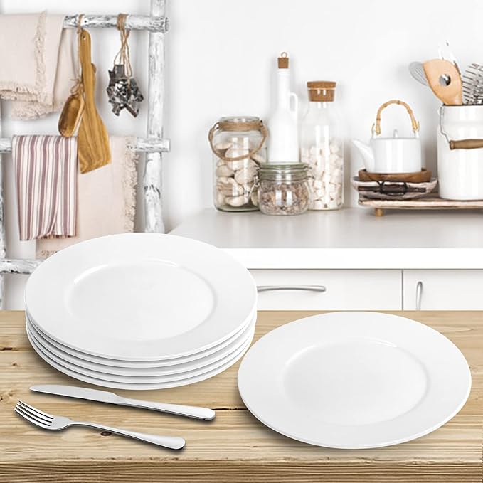Foraineam White Dinner Plates Set 10 Inch Porcelain Dessert Salad Plate Catering Round Serving Dishes Dinnerware Sets Microwave Oven and Dishwasher Safe Set of 6